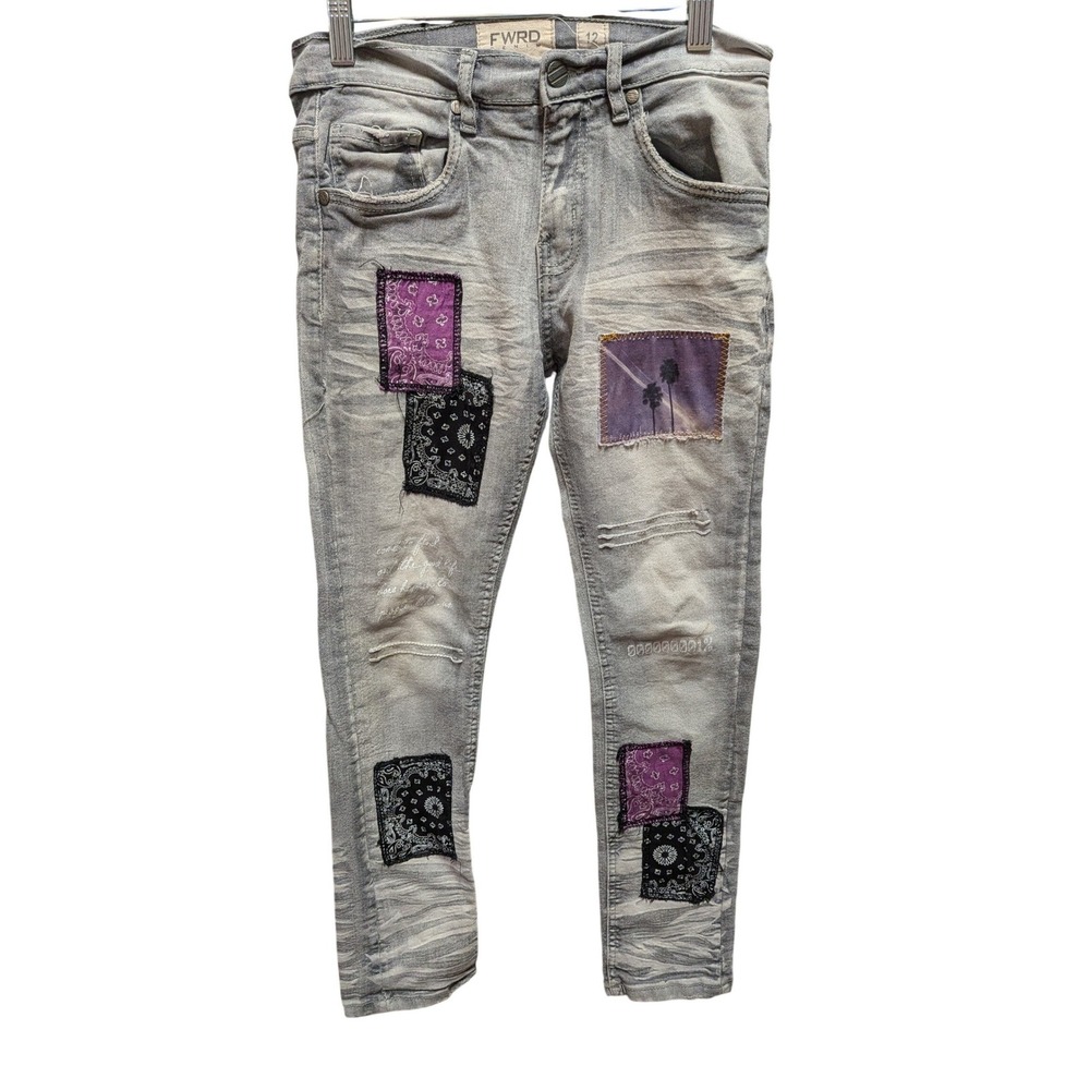 FWRD Denim Boys Size 12 Gray Distressed Bandana Patchwork Skinny Jeans